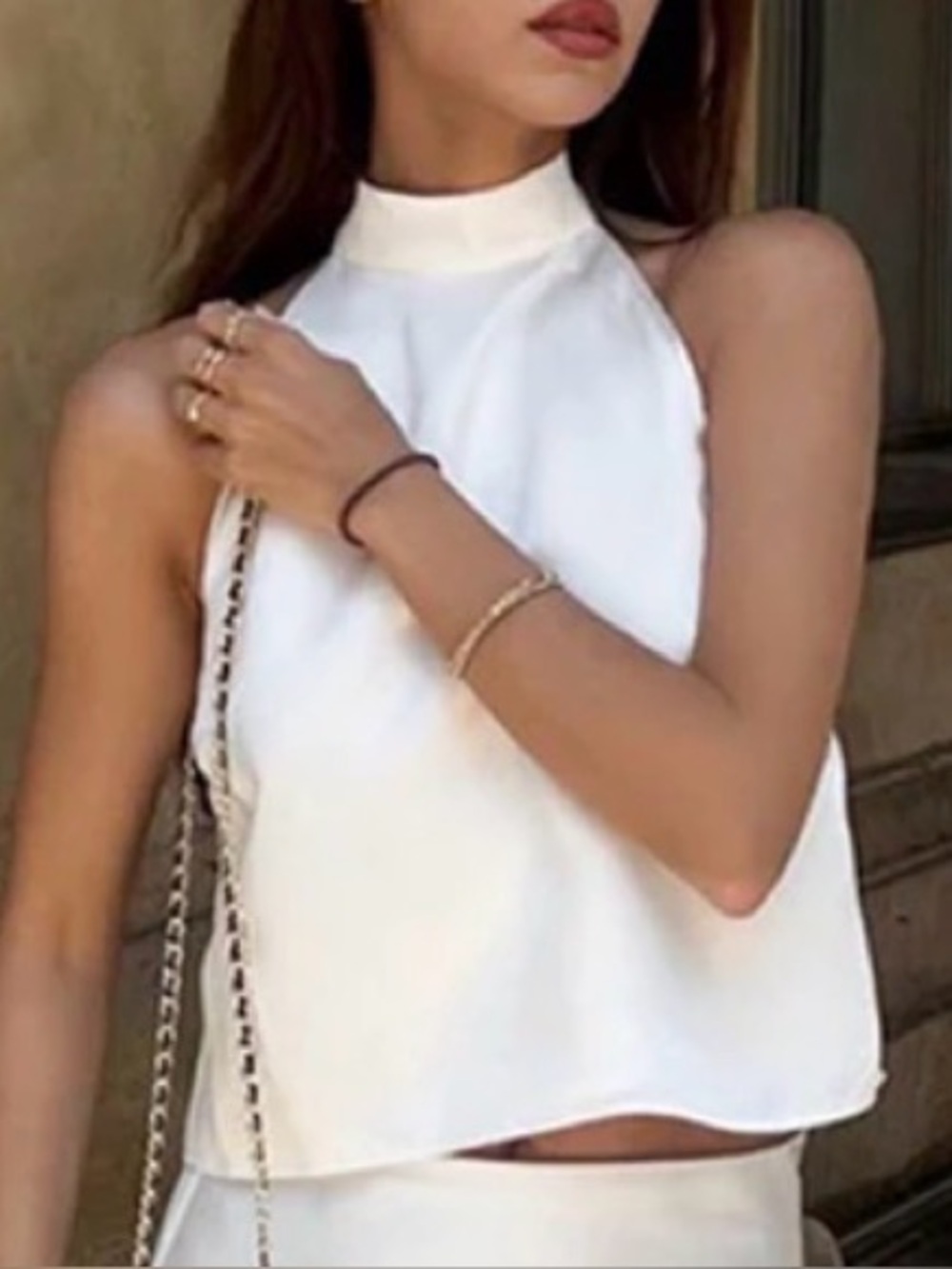 Commense Cream Satin Halter Tie-Back Camisole